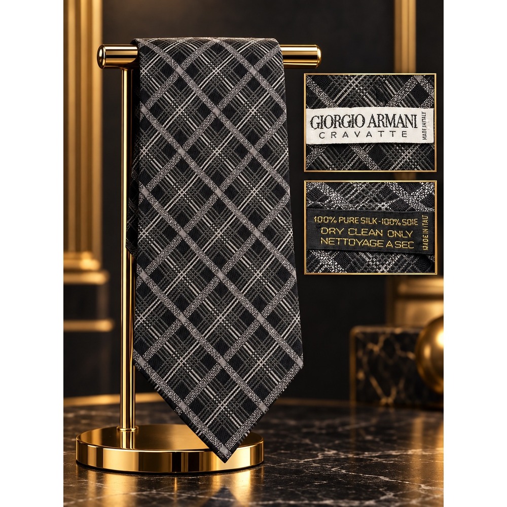 Giorgio Armani Cravatte Mens Silk Tie Charcoal Grey Diamond Grid Made in Italy